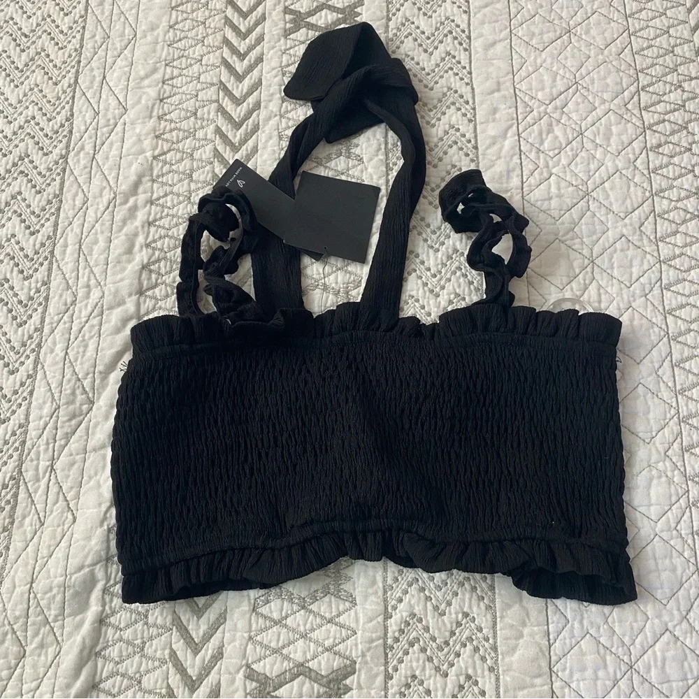 NWT Lulus Black Smocked Ruffle Crop Top - Picture 5 of 7